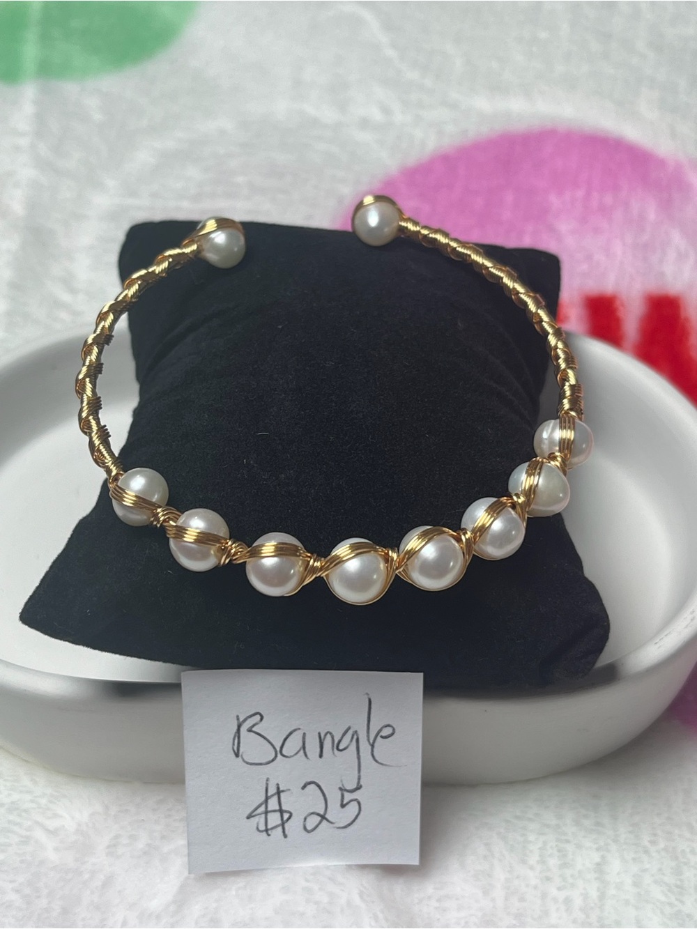 Gold Pearl Wire-Wrapped Bangle Bracelet - Elegant Women's Jewelry